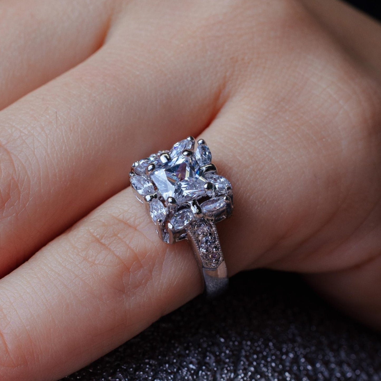 Rhodium Plated 925 Sterling Silver Clear Center CZ Square Bridal Ring - BGR00559