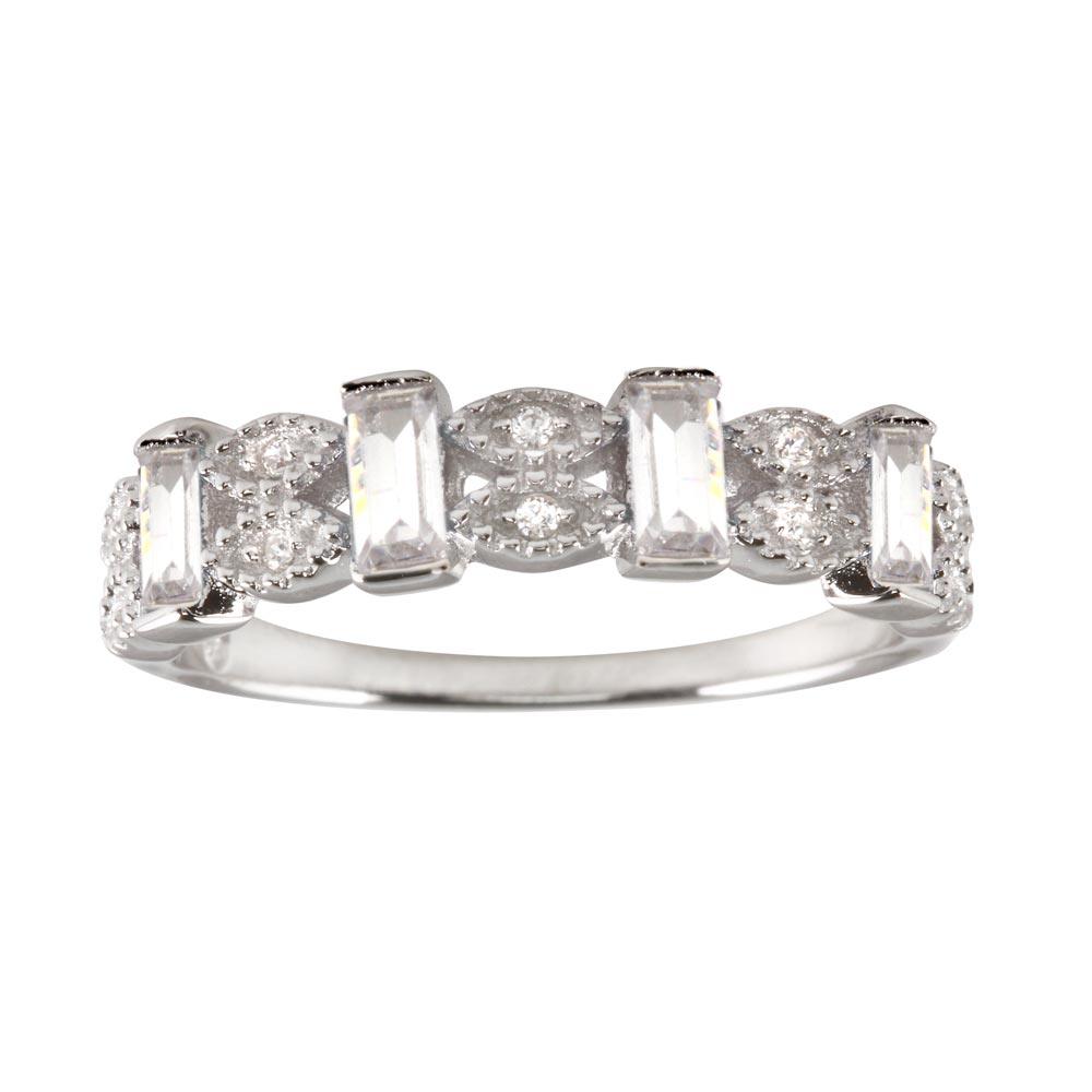 Silver 925 Rhodium Plated Clear Bar CZ Link Ring - BGR01223CLR | Silver Palace Inc.