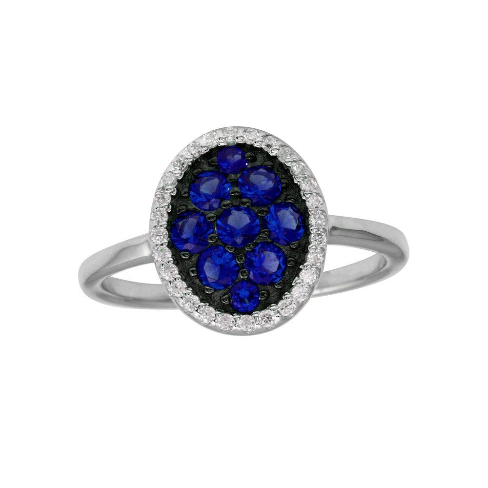 Silver 925 Rhodium Plated Oval Ring with Blue and Clear CZ - BGR01233BLU | Silver Palace Inc.