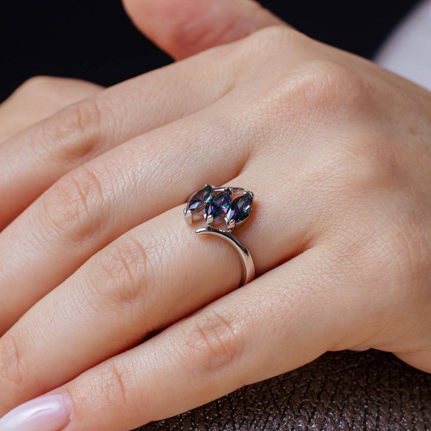 Rhodium Plated 925 Sterling Silver 3 Oval Mystic Topaz CZ Ring - BGR01260