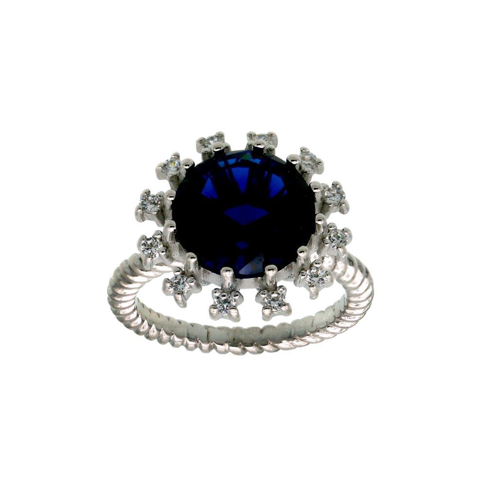 Rhodium Plated 925 Sterling Silver Blue Center Flower CZ Ring with Rope Band - BGR01302BLU | Silver Palace Inc.