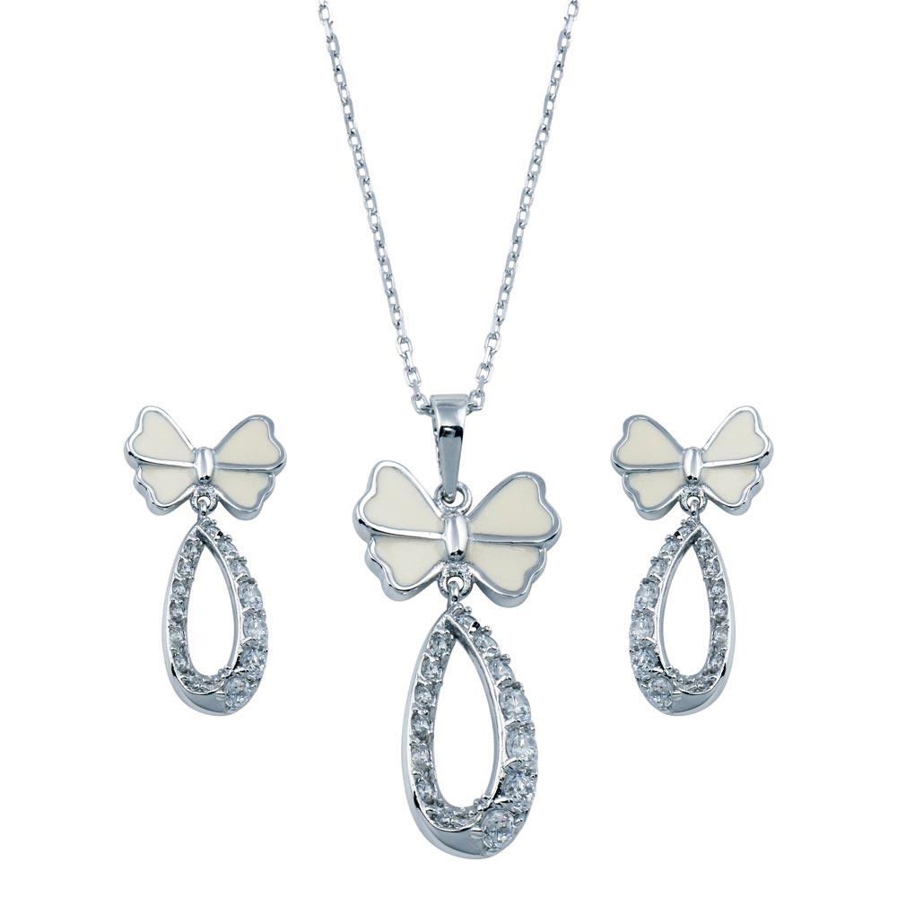 Rhodium Plated 925 Sterling Silver Open Butterfly Teardrop Clear CZ Hanging Set - BGS00216 | Silver Palace Inc.