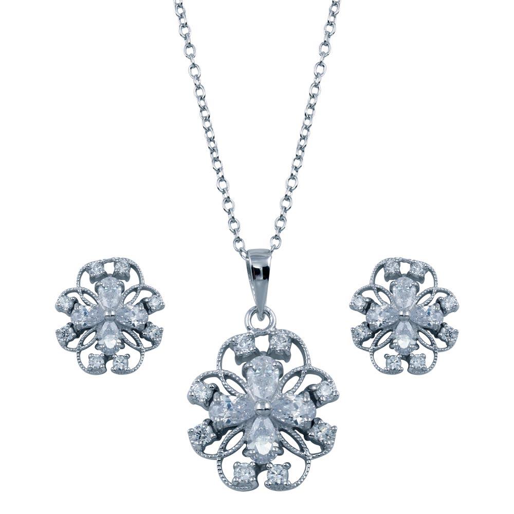 Rhodium Plated 925 Sterling Silver Flower Outline Clear CZ Set - BGS00224 | Silver Palace Inc.