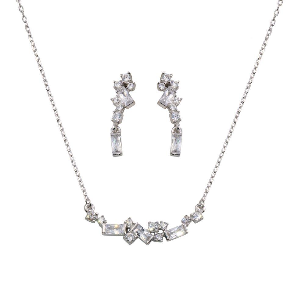 Silver 925 Rhodium Plated CZ and Baguette Stone Necklace and Earrings Set - BGS00532 | Silver Palace Inc.