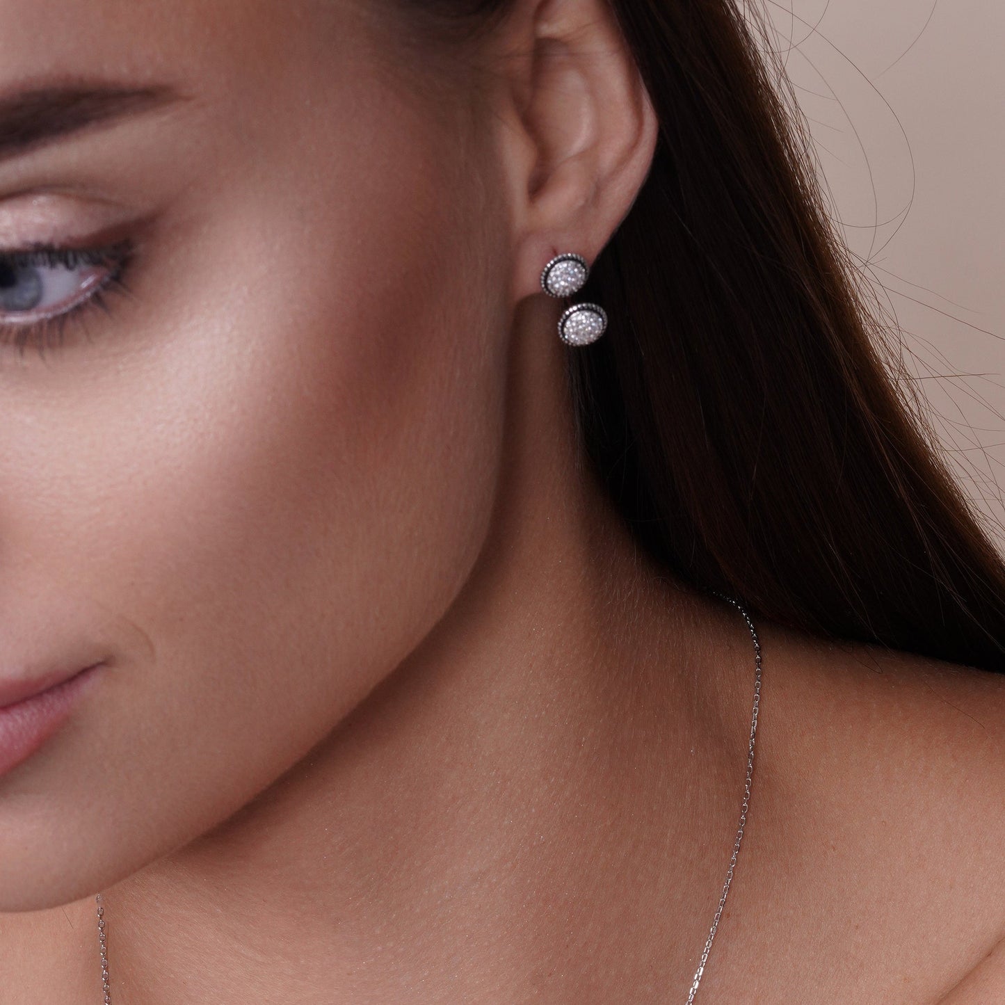 Rhodium Plated 925 Sterling Silver Front and Back Earrings and Necklace Set with CZ - BGS00543