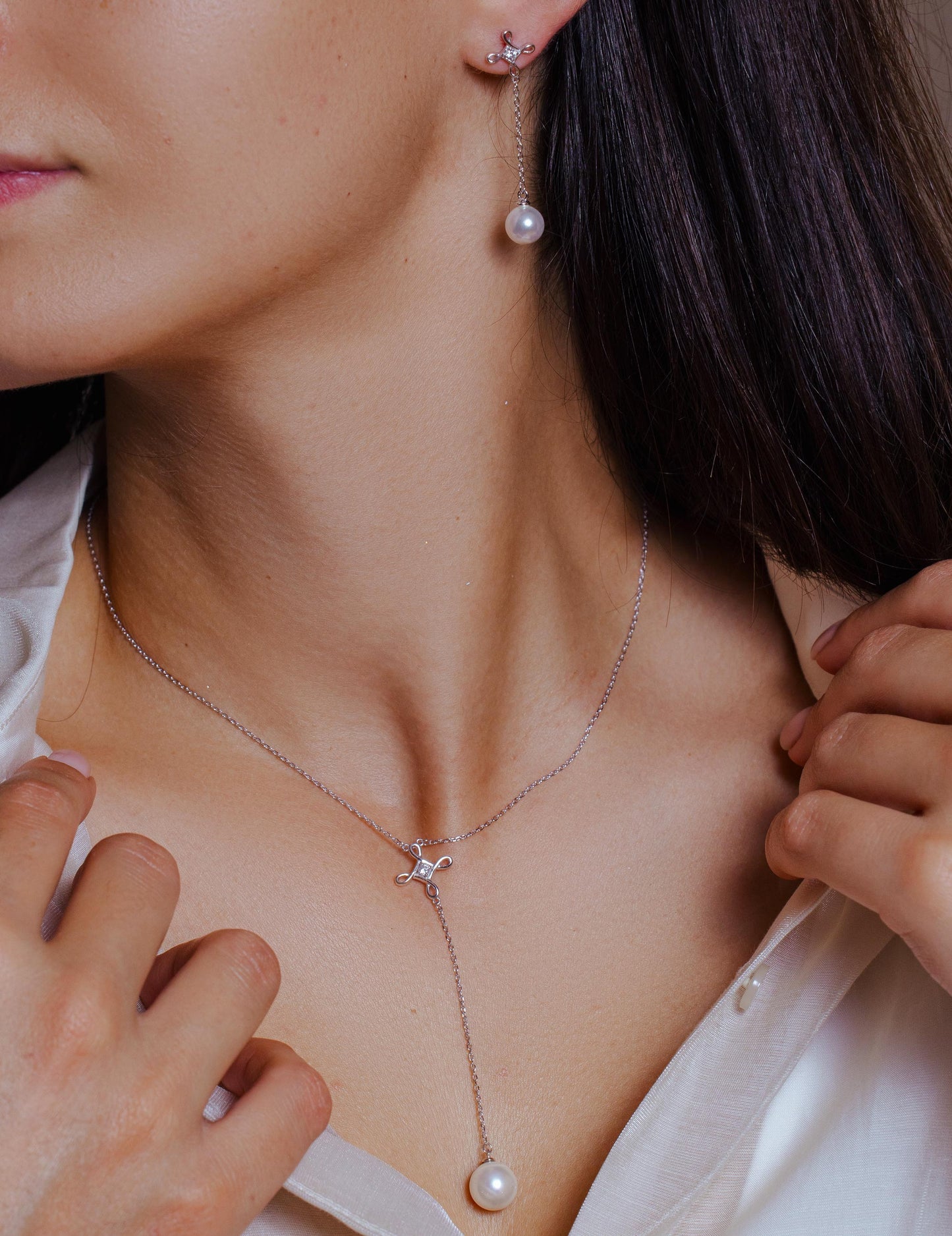 Rhodium Plated 925 Sterling Silver CZ Open Infinity Cross with Synthetic Dangling Set - BGS00561