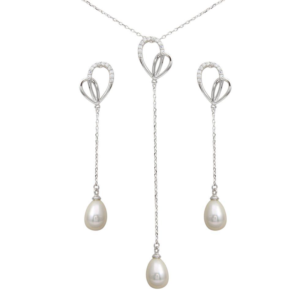Silver 925 Rhodium Plated CZ Open Heart with Fresh Water Pearl Dangling Set - BGS00562 | Silver Palace Inc.