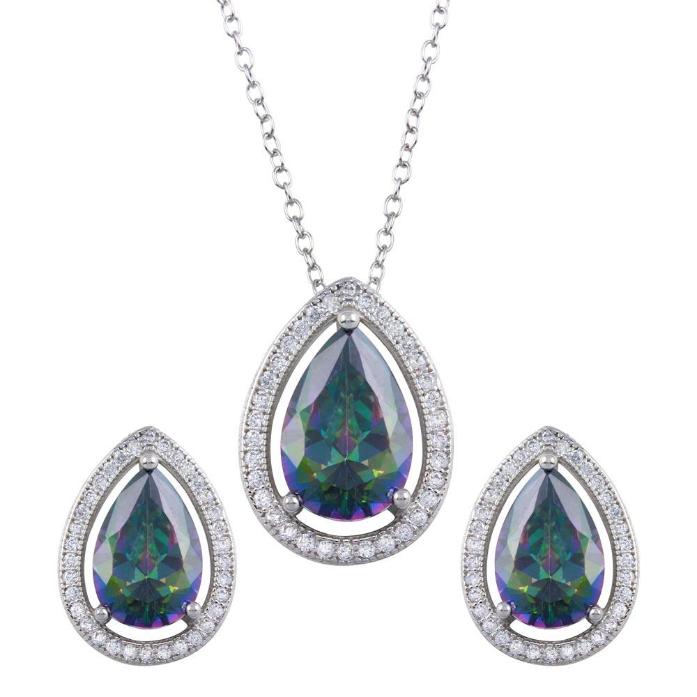 Silver 925 Rhodium Plated Halo Teardrop Synthetic Mystic Topaz CZ Set - BGS00580 | Silver Palace Inc.