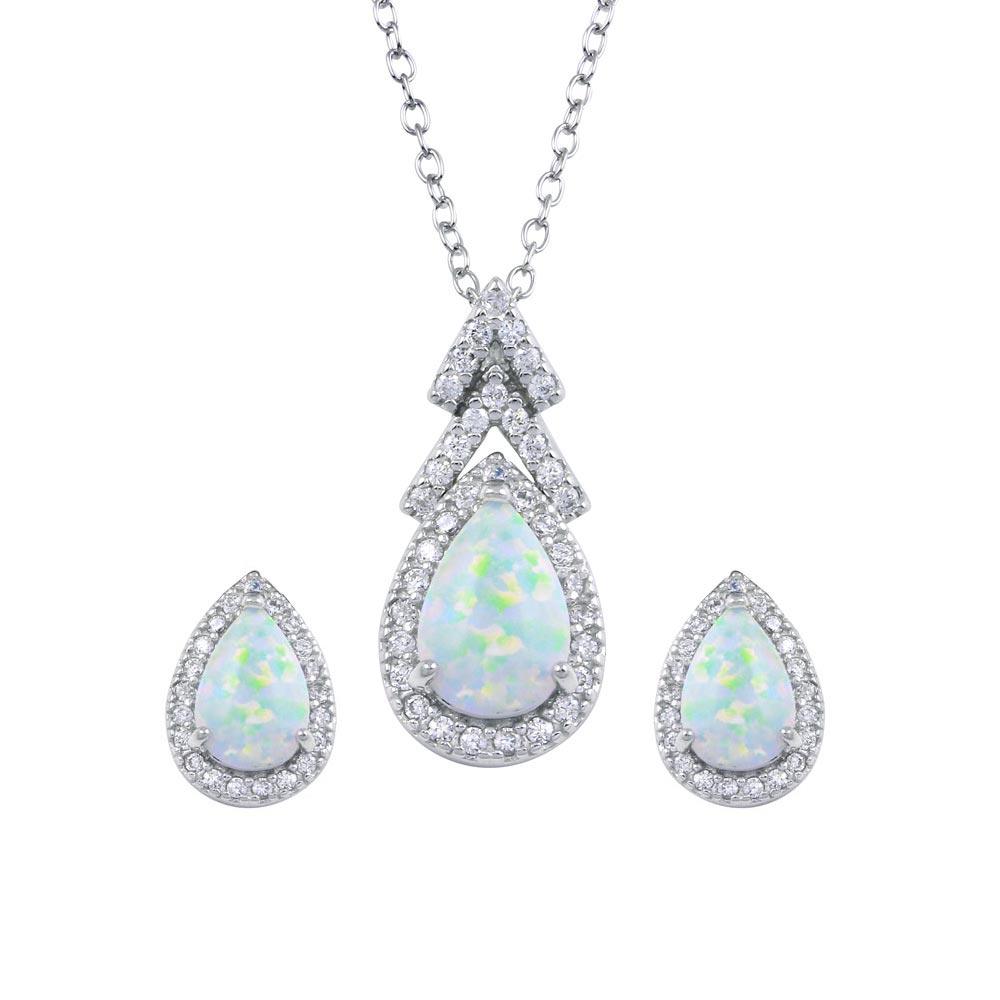 Silver 925 Rhodium Plated Synthetic Opal Teardrop CZ Set - BGS00584 | Silver Palace Inc.
