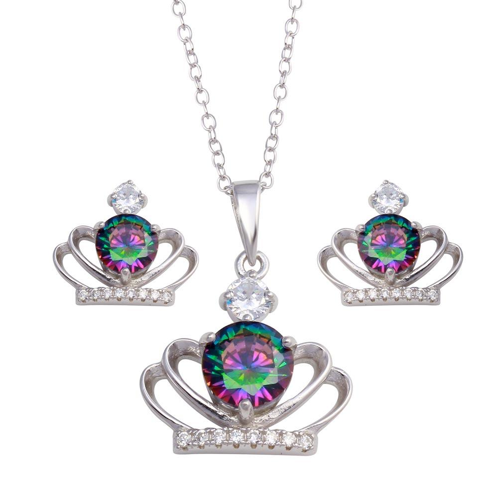 Silver 925 Rhodium Plated Crown Synthetic Mystic Topaz CZ Set - BGS00591 | Silver Palace Inc.