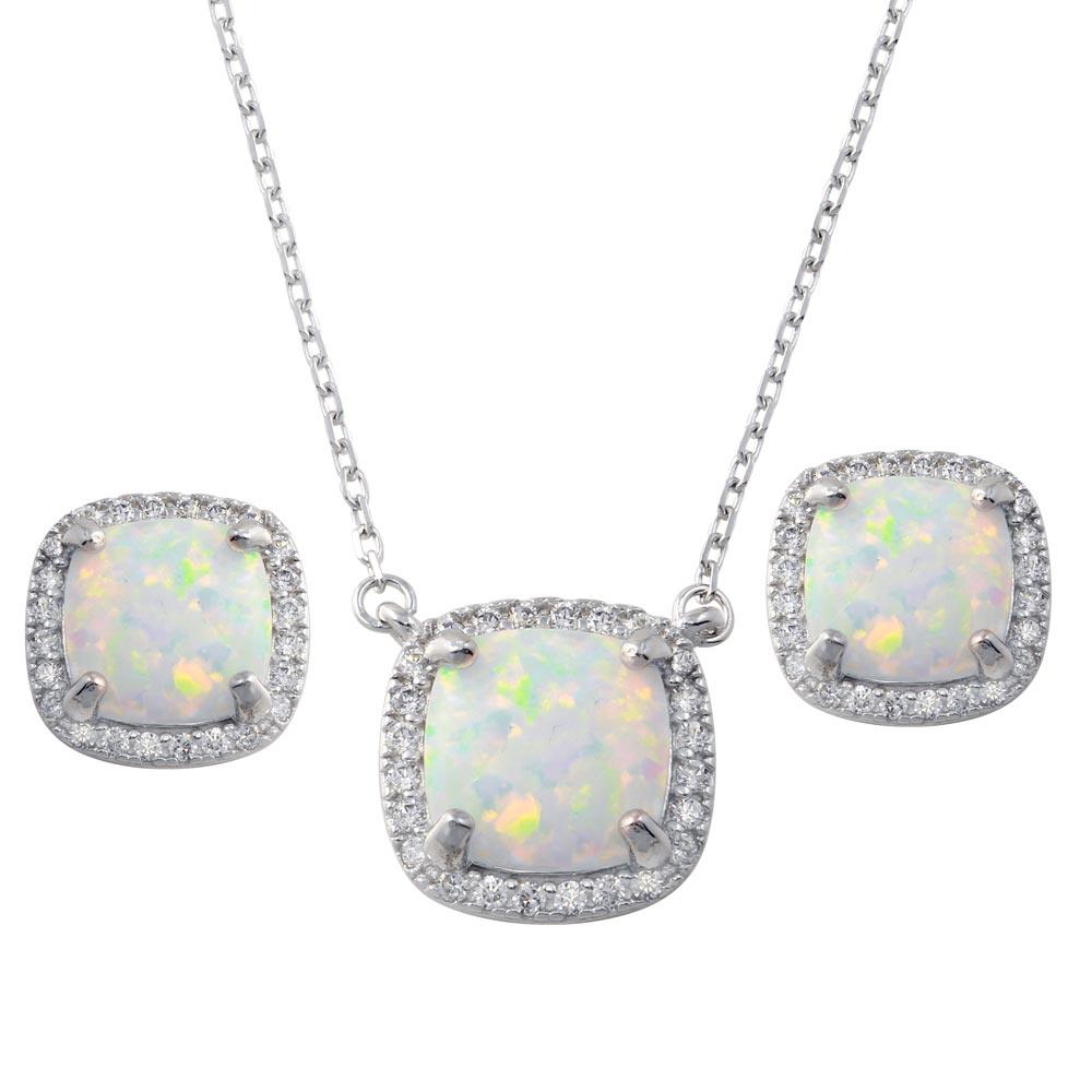 Silver 925 Rhodium Plated Square Synthetic Opal Halo Set with CZ - BGS00594 | Silver Palace Inc.