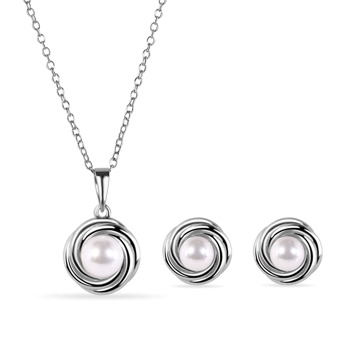 Rhodium Plated 925 Sterling Silver Round Swirl Design Syntethic Mother of Pearl Necklace and Stud Earring Matching Set - BGS00628