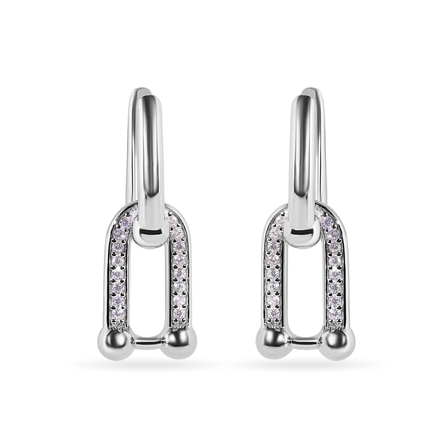 Rhodium Plated 925 Sterling Silver Round Bow Paperclip Clear CZ Necklace and Hoop Earring Matching Set - BGS00629