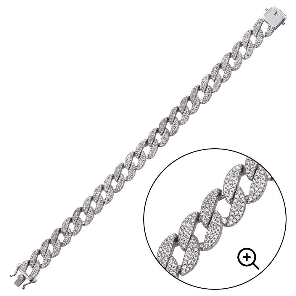 Rhodium Plated 925 Sterling Silver CZ Round Curb Bracelet - CSLB00001 | Silver Palace Inc.