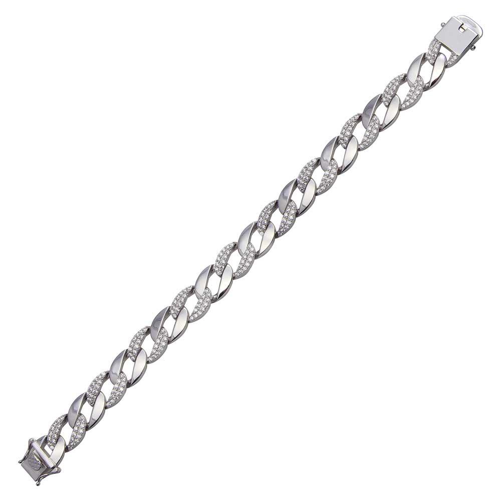 Rhodium Plated 925 Sterling Silver Alternate CZ Round Curb Bracelet - CSLB00002 | Silver Palace Inc.