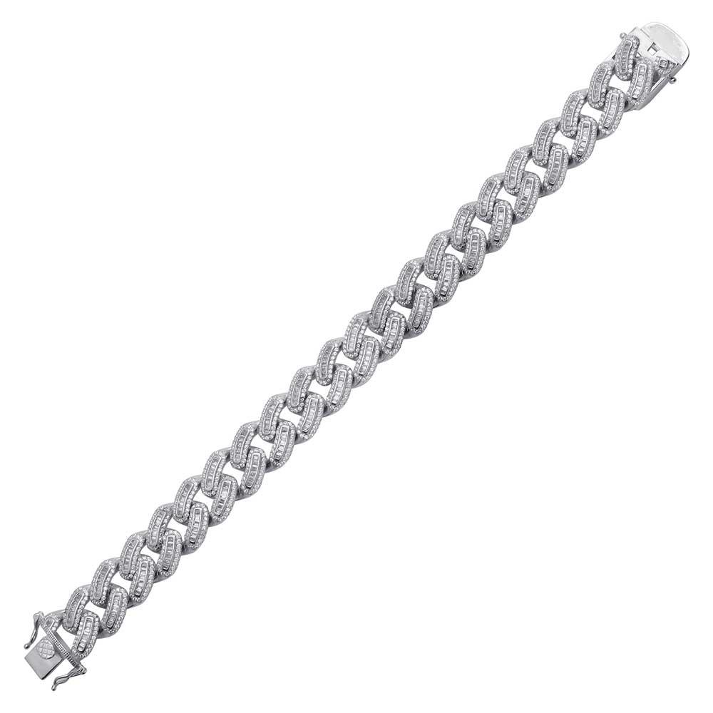 Rhodium Plated 925 Sterling Silver Baguette CZ Round Curb Bracelet - CSLB00003 | Silver Palace Inc.