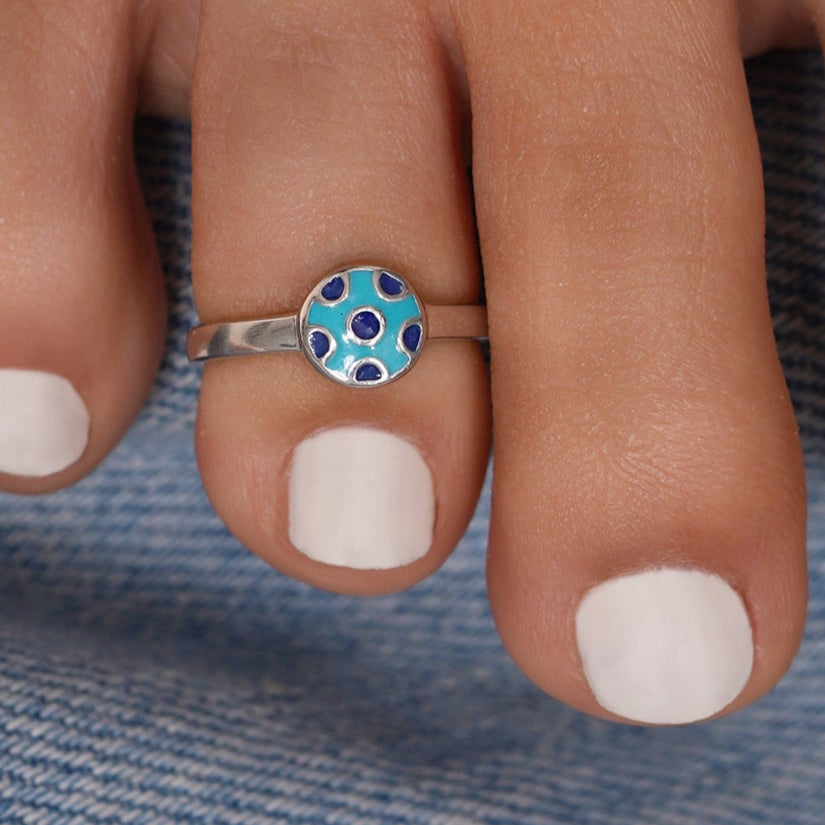 Silver 925 Rhodium Plated Blue Enamel Polka Dot Toe Ring - CZTR016