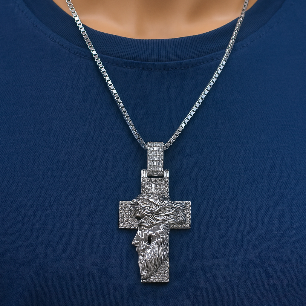 Rhodium Plated 925 Sterling Silver Jesus Christ Cross Baguette CZ Studded 38mm x 60mm Pendant - PAP00201