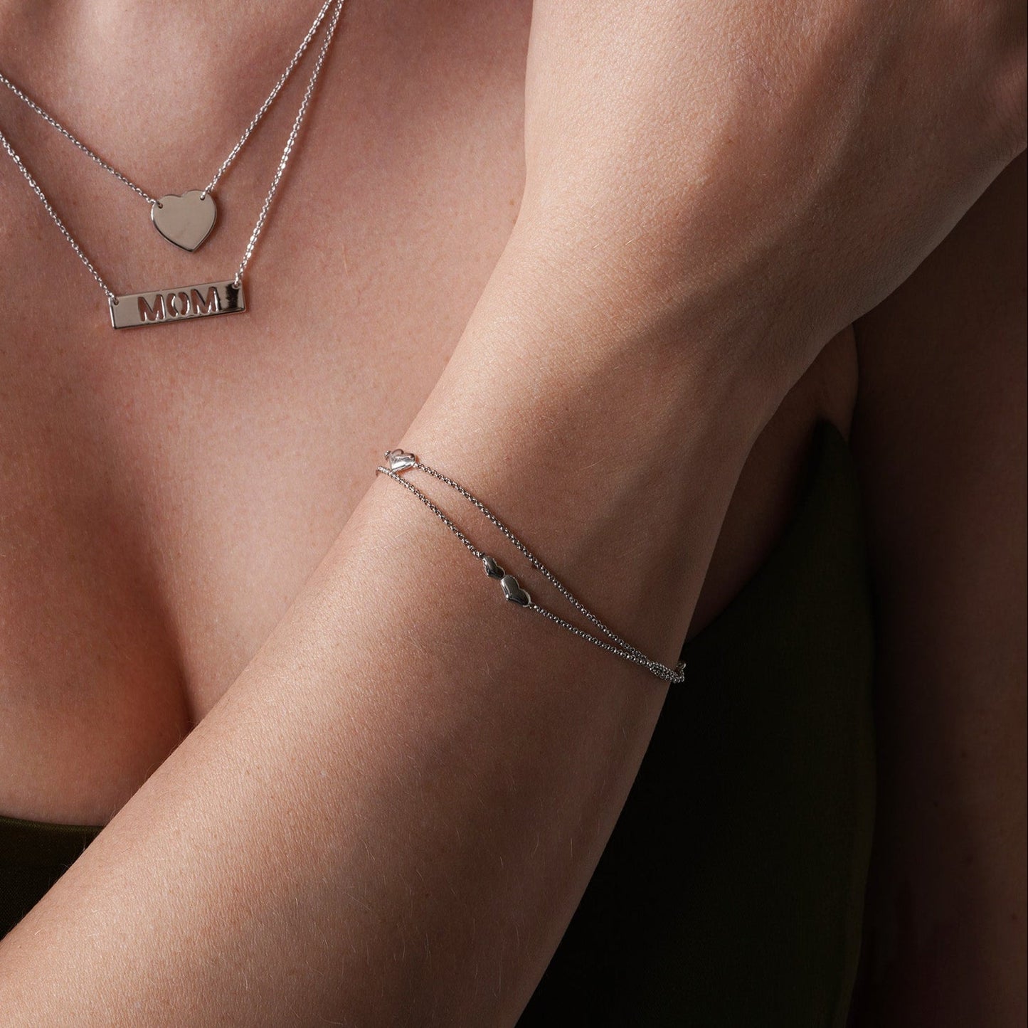 Rhodium Plated 925 Sterling Silver Adjustable Double Strand Multi Heart Bracelet - VGB19RH