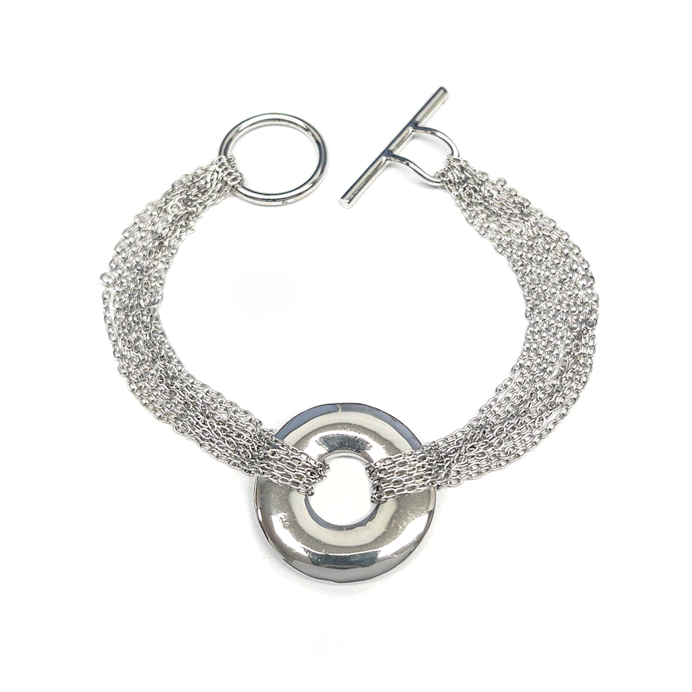 Clearance - Rhodium Plated 925 Sterling Silver Multiple Chains Round Disc Bracelet - DSB00004L