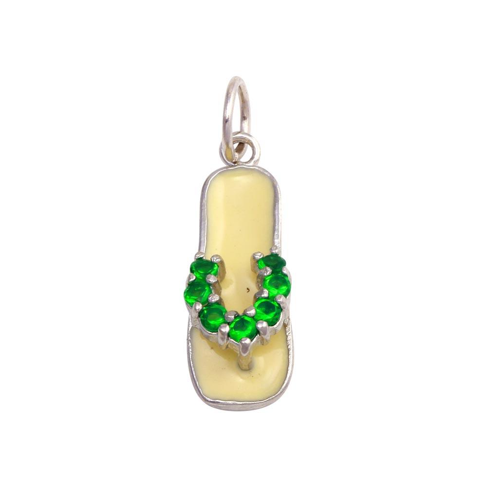 Silver 925 Rhodium Plated White Enamel Green CZ Sandal Pendant - FFP00001GRN | Silver Palace Inc.