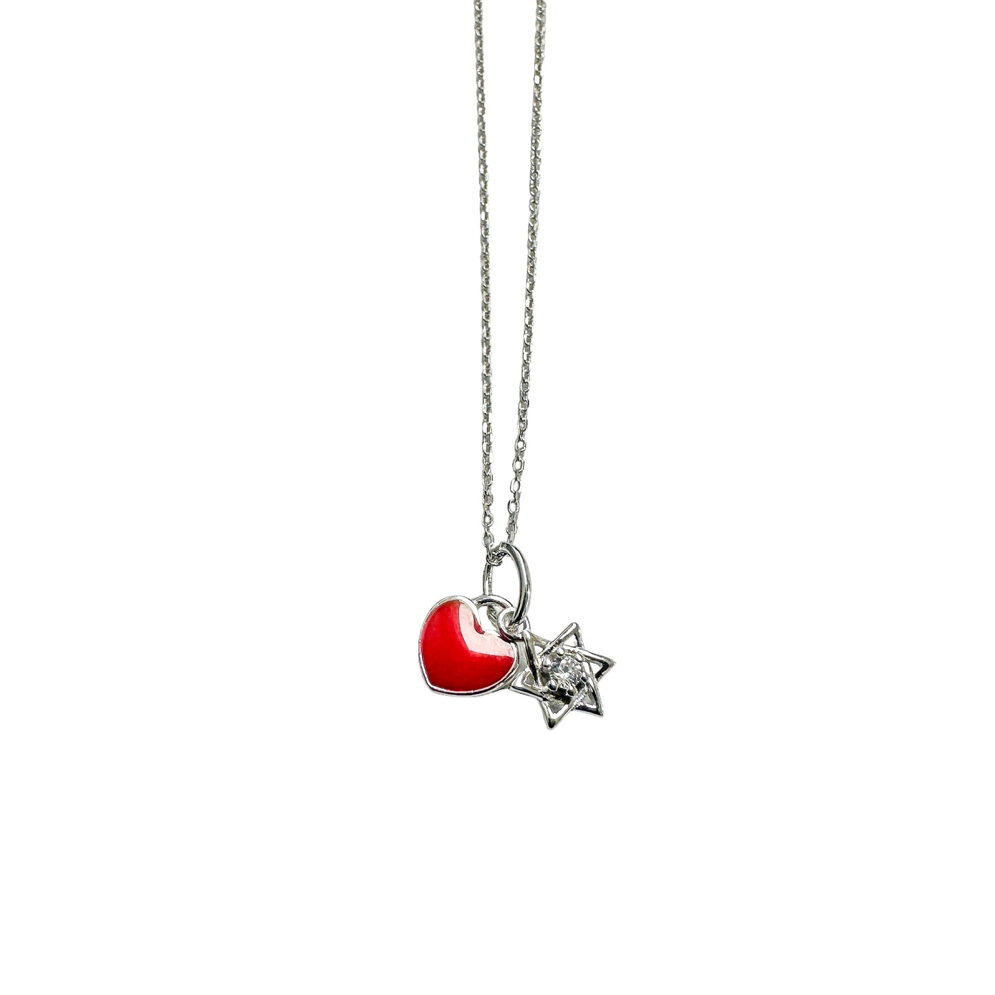 Rhodium Plated 925 Sterling Silver Star of David Red Enamel Heart Clear CZ Pendant Necklace - STP01855