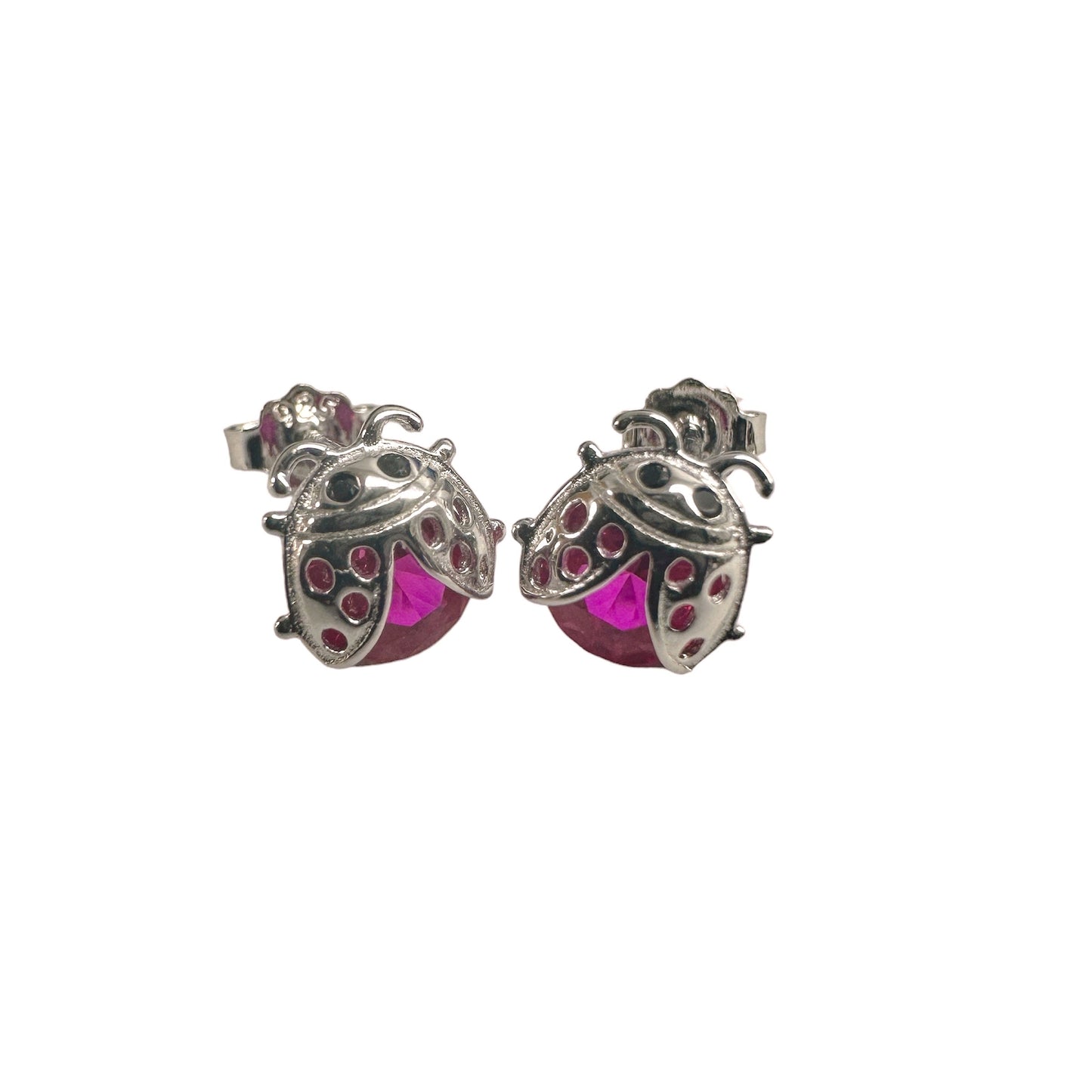 Sterling Silver Rhodium Plated Lady Bug Red CZ Stud Earrings - STE01376