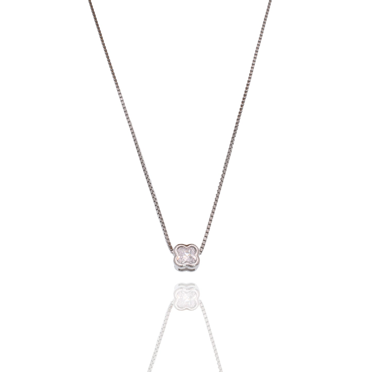 Rhodium Plated 925 Sterling Silver 5.3mm Four Leaf Clover on Adjustable Box Chain Necklace - GCP00007RH