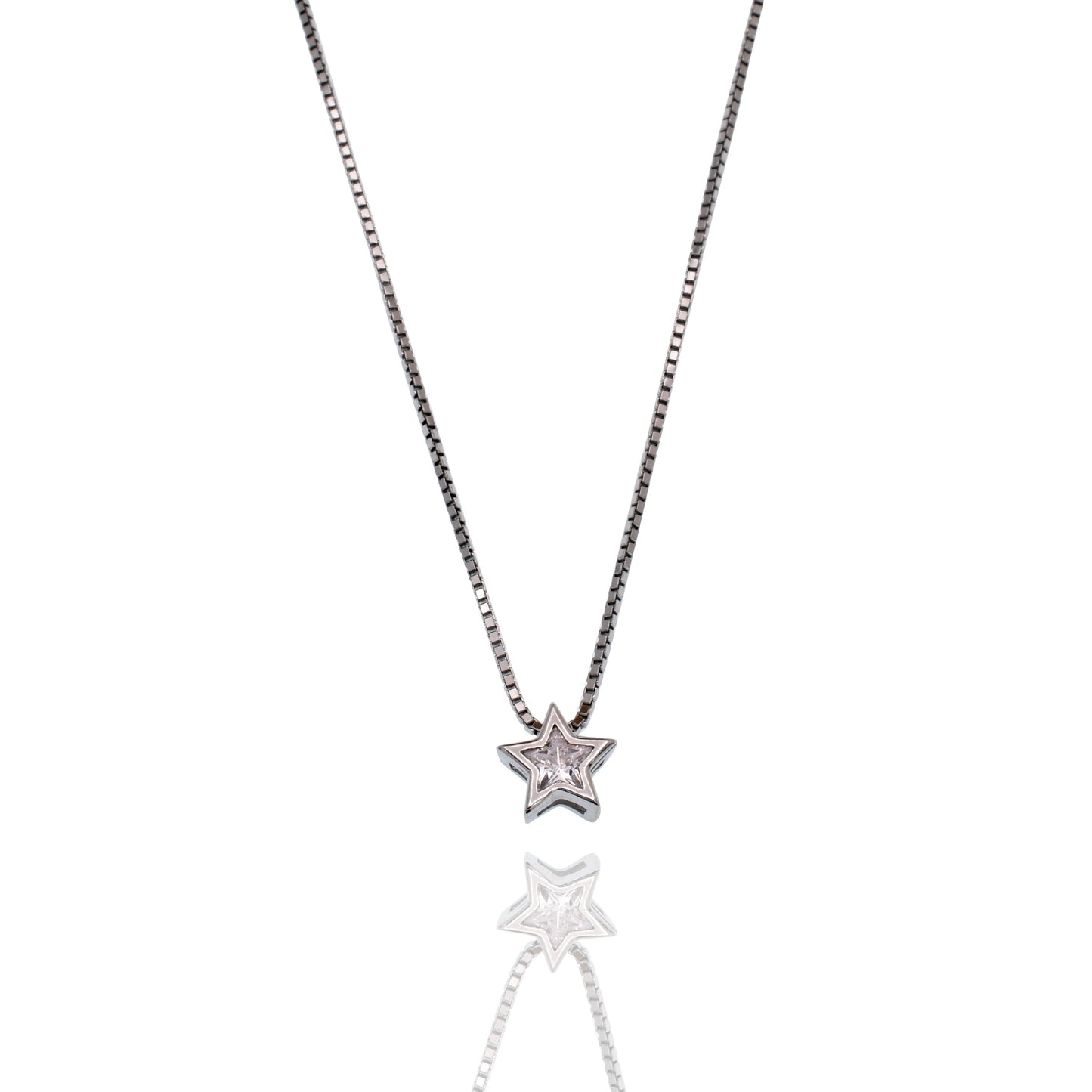 Rhodium Plated 925 Sterling Silver 6.9mm Star on Adjustable Box Chain Necklace - GCP00008RH