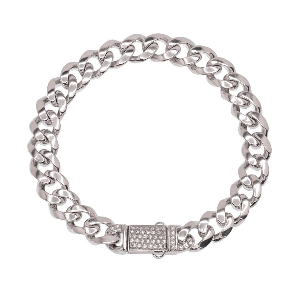 Rhodium Plated 925 Sterling Silver Hollow Miami Cuban Link Clear CZ Bracelet 9.6mm - GMB00082