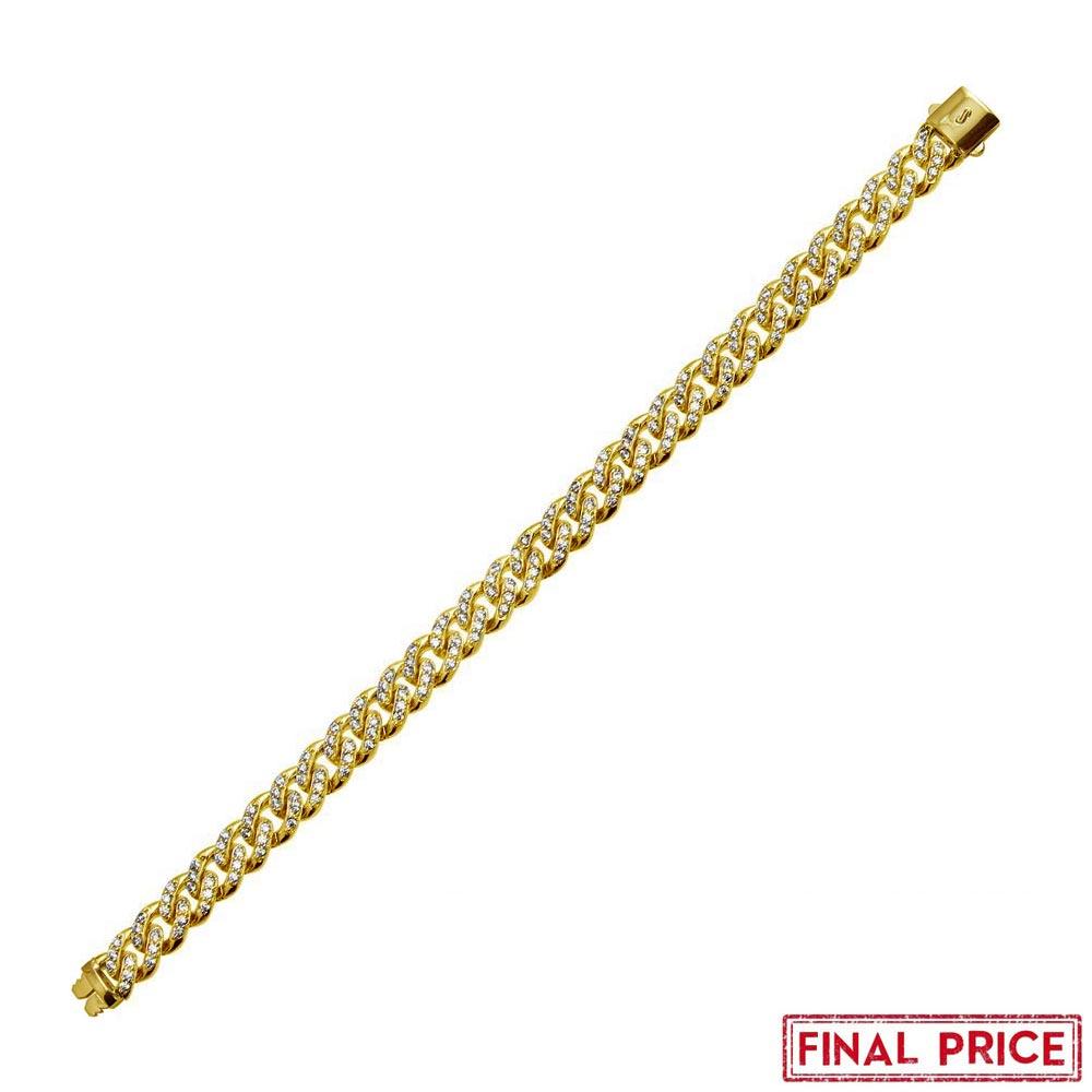 Silver 925 Gold Plated CZ Encrusted Miami Cuban Link Plain Lock Bracelet 9mm - GMB00085GP | Silver Palace Inc.