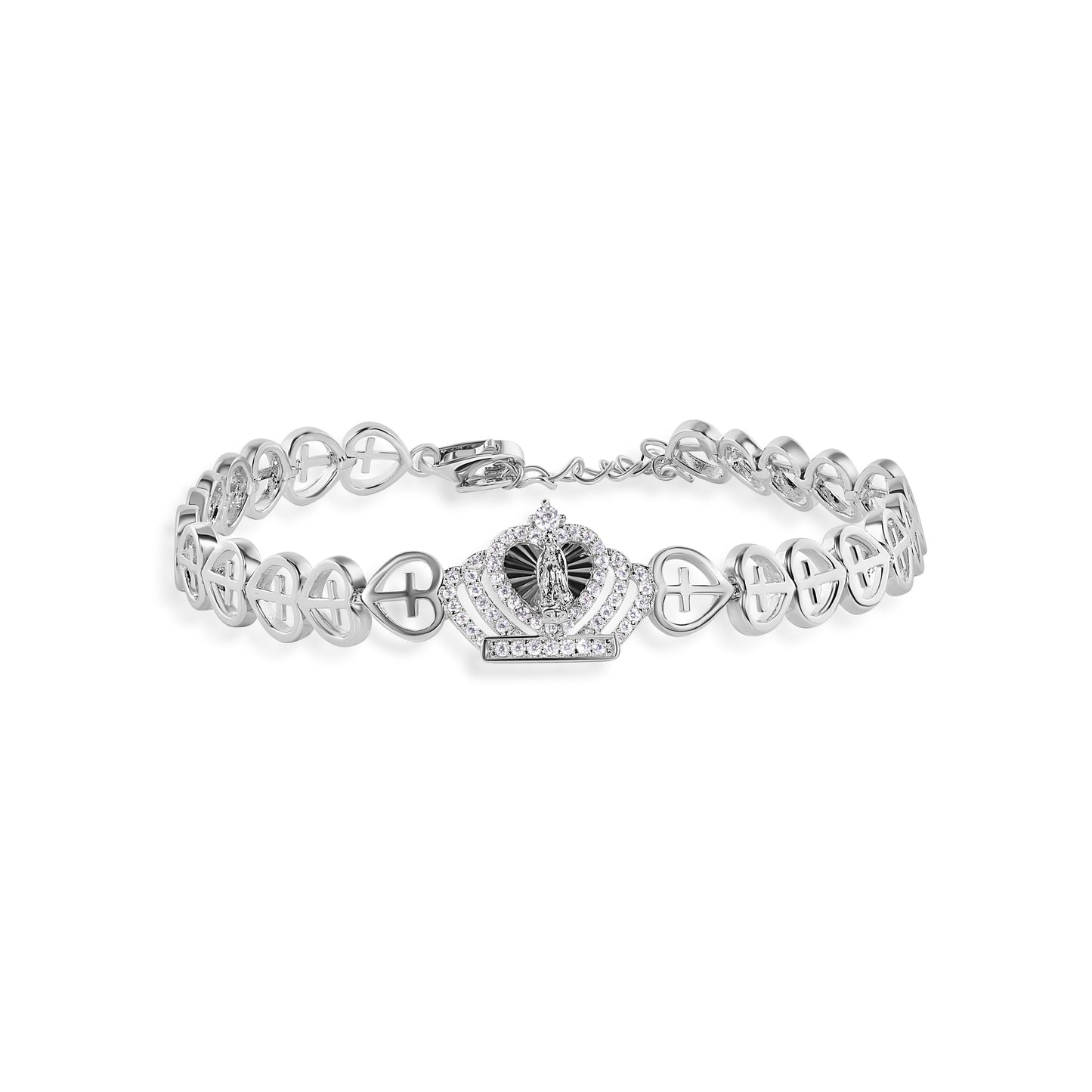 Rhodium Plated 925 Sterling Silver 6.3mm Crown Our Lady of Guadalupe Diamond Cut Heart Cross Chain Adjustable Bracelet - GMB00140