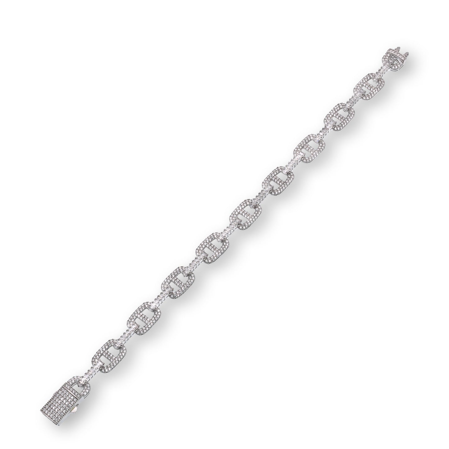 Rhodium Plated 925 Sterling Silver Iced Out Mariner Link ID Baguette Clear CZ 9.5mm Bracelet - GMB00164