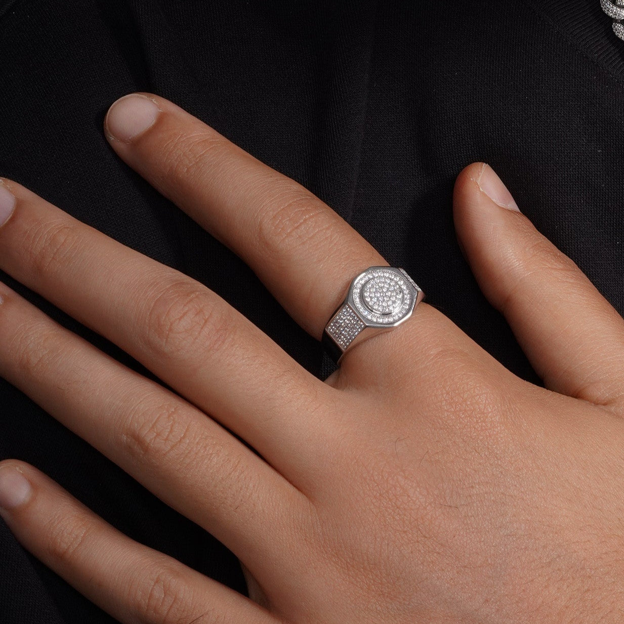 Rhodium Plated 925 Sterling Silver Men's Hexagon Iced Out Round Top Clear CZ Statement Ring - GMR00443