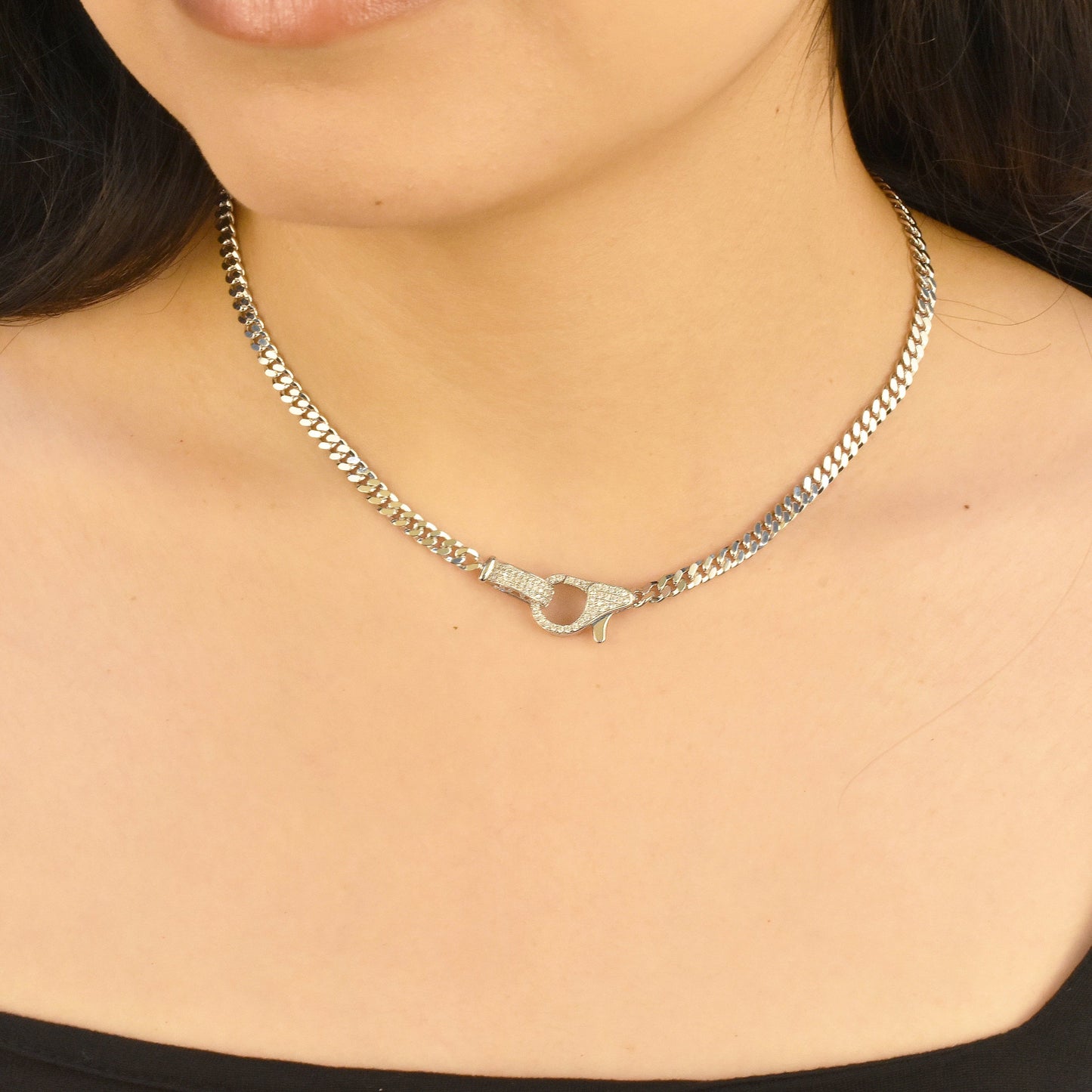 Rhodium Plated 925 Sterling Silver CZ Lobster Clasp Cuban Necklace - GMN00190