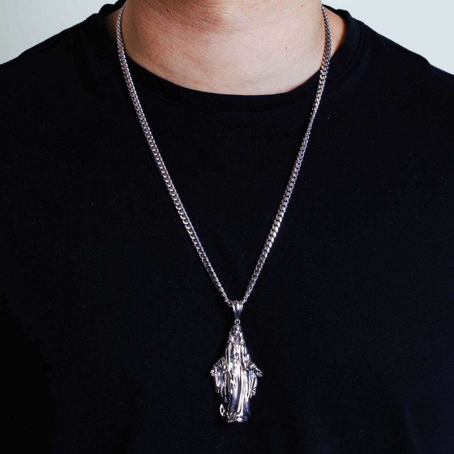 Rhodium Plated 925 Sterling Silver Hollow Mother Mary Pendant 61mm - GMP00092