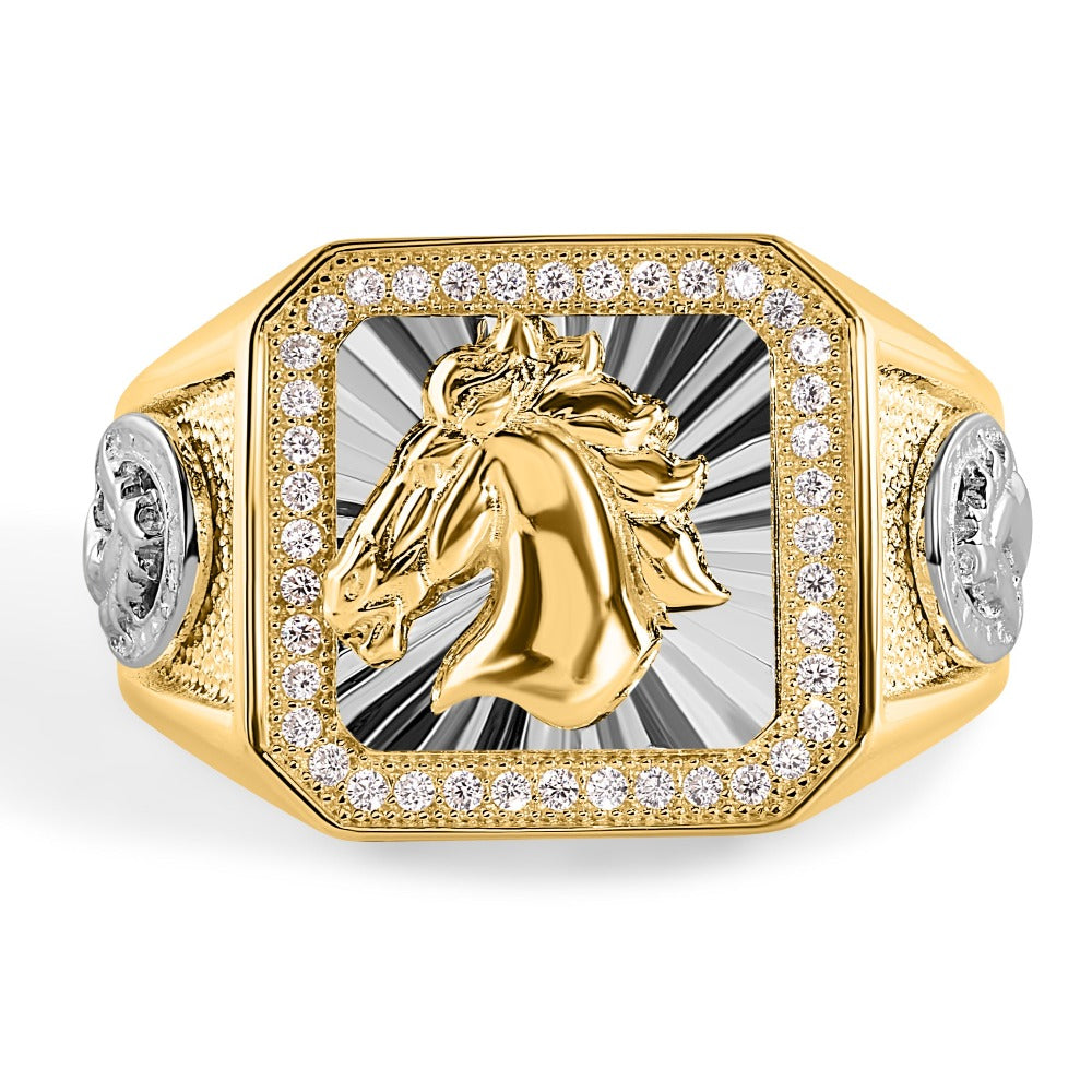 Gold Plated 925 Sterling Silver Men's Stallion Statement CZ Ring - GMR00239GR