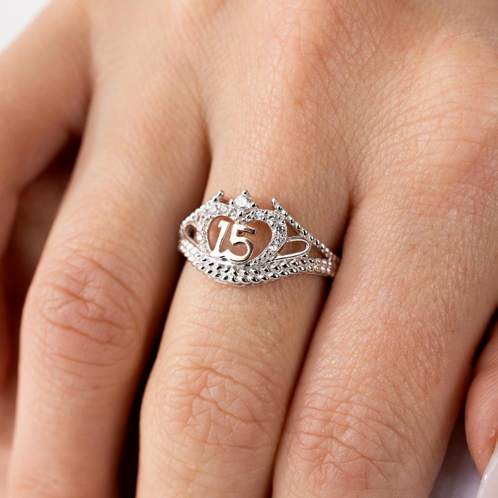 Rhodium Plated 925 Sterling Silver CZ Quinceanera Flower 2 Toned CZ Ring - GMR00302RHR