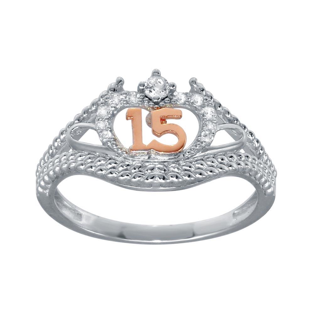 Silver CZ Quinceanera Flower 2 Toned CZ Ring - GMR00302RHR | Silver Palace Inc.