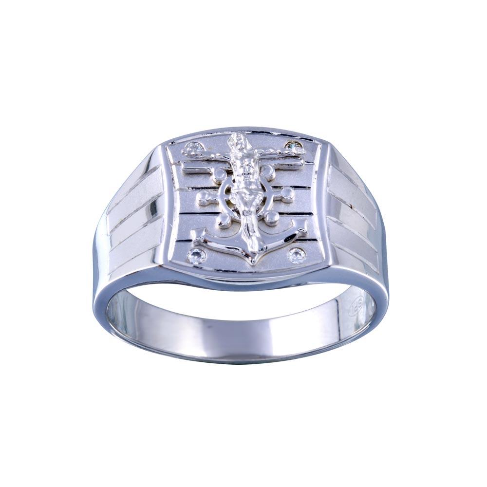 Rhodium Plated 925 Sterling Silver Crucifix Anchor CZ Hip Hop Ring - GMR00326 | Silver Palace Inc.