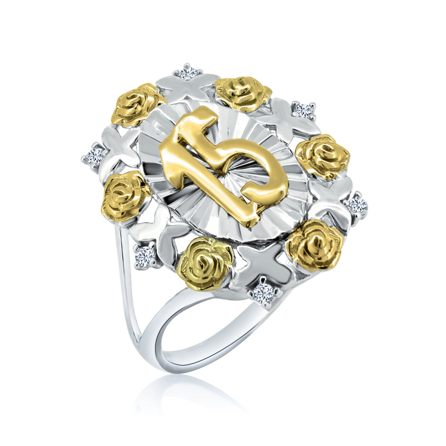 Silver Rhodium Plated Diamond Cut Quinceañera Flower Ring - GMR00359RG
