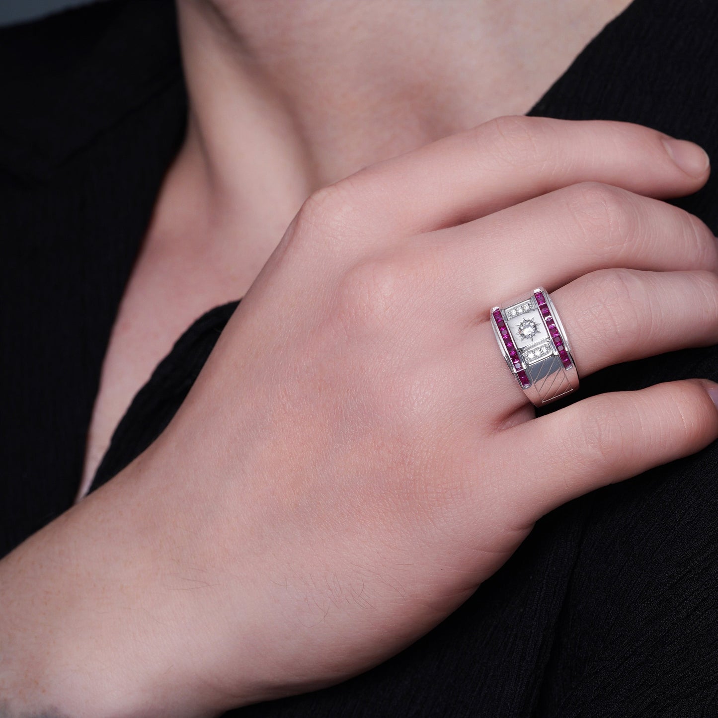 Rhodium Plated 925 Sterling Silver Men's Rectangle Sun Ruby and Clear CZ 13.7mm x 14.5mm Ring - GMR00413