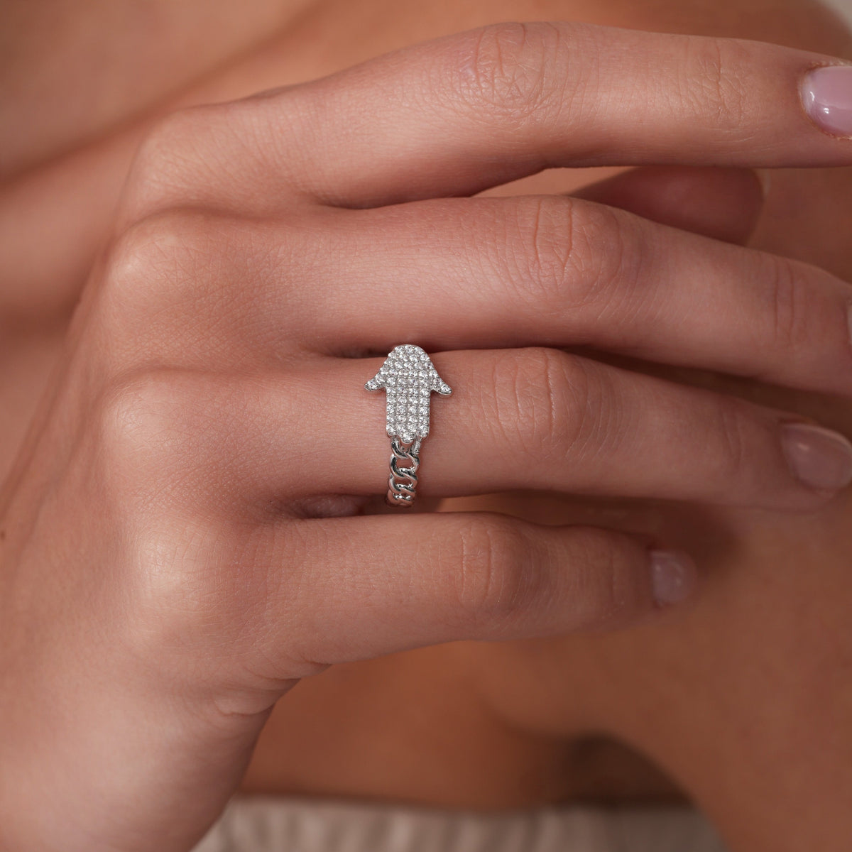Rhodium Plated 925 Sterling Silver Moissanite or CZ Hamsa Ring - MGMR00435 | GMR00435