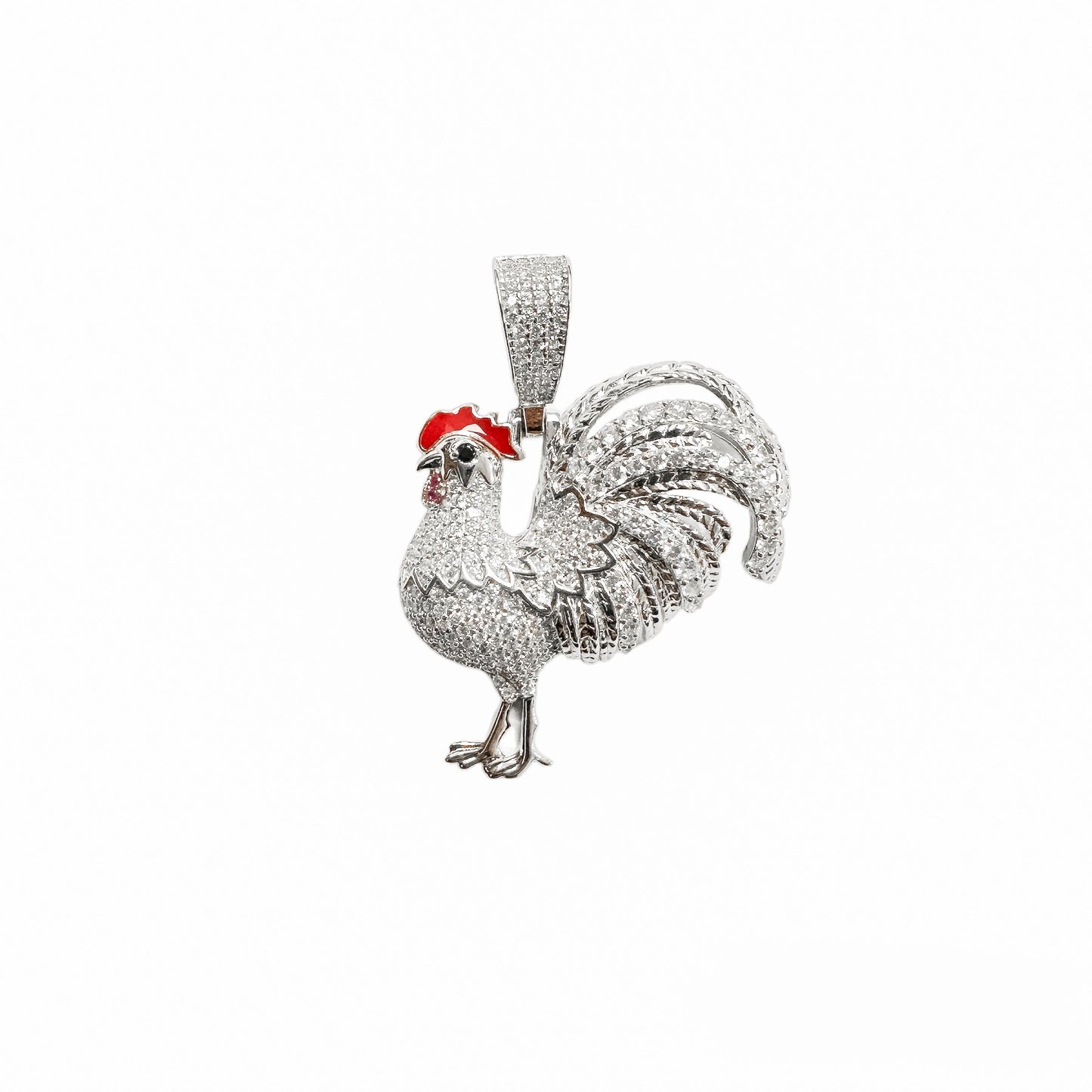 Rhodium Plated 925 Sterling Silver Rooster Clear CZ Red Enamel Pendant - SLP00391