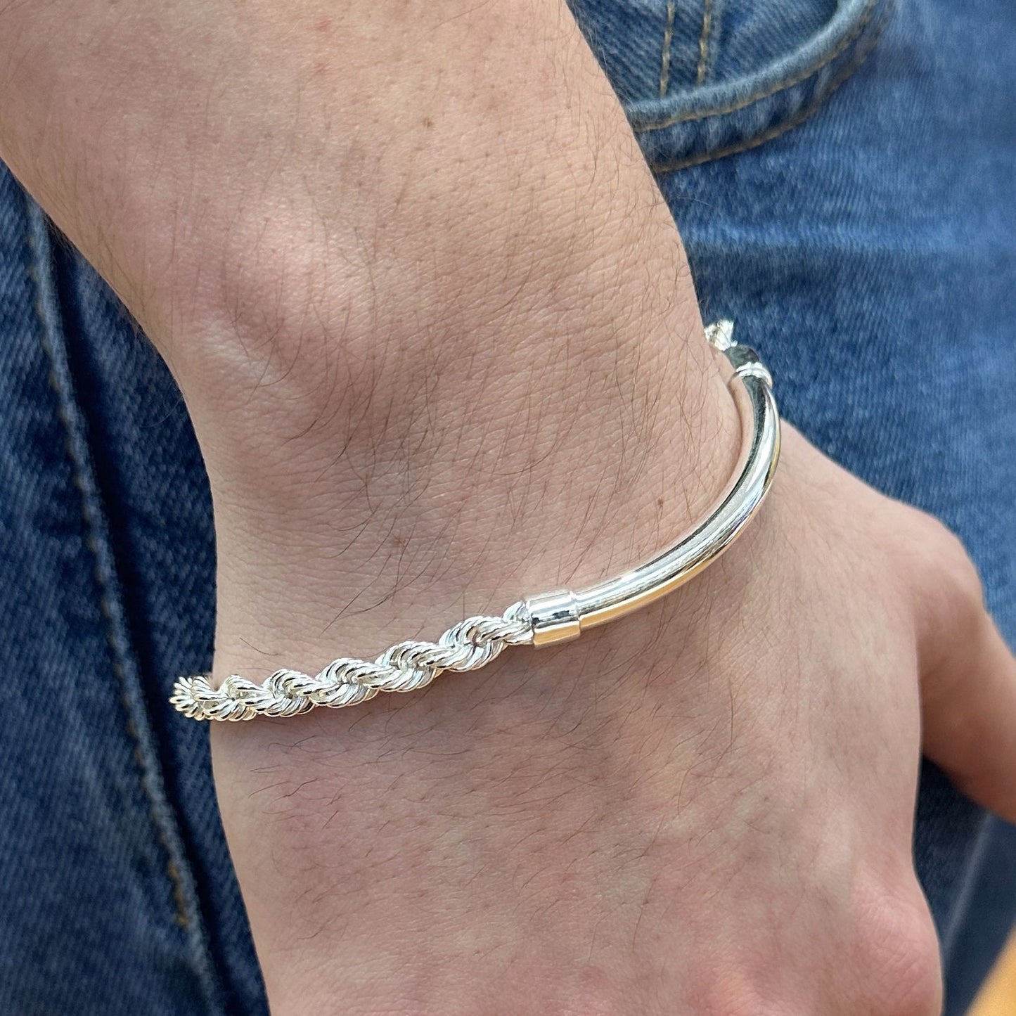 925 Sterling Silver Hollow Rope Round Bar 5mm Bracelet - CHHB013