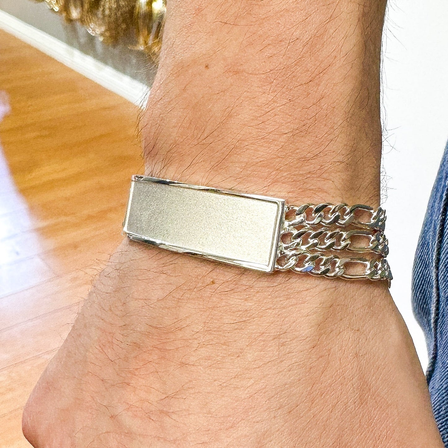 925 Sterling Silver Three Strand Figaro 14.4mm Textured ID Bracelet - CDIB00005