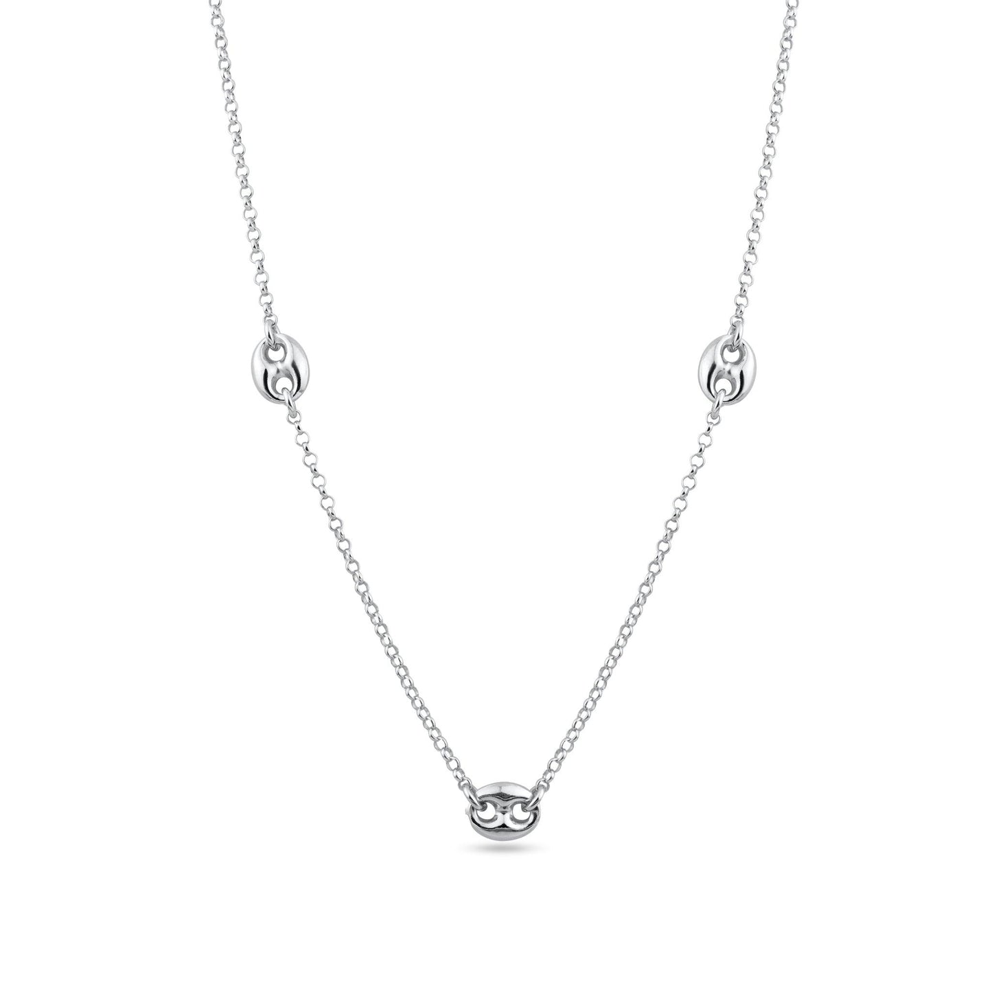 Rhodium Plated 925 Sterling Silver 3 Puffed Mariner Adjustable Link Necklace - ITN00158-RH | Silver Palace Inc.