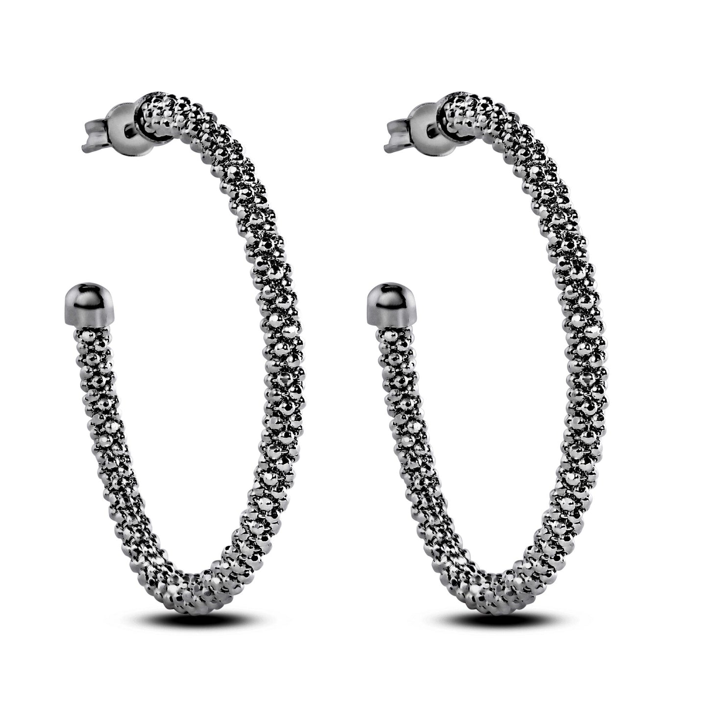 Clearance - Sterling 925 Sterling Silver Blk Rhodium Plated Beaded Semi Hoop Earrings - ITE00045BLK