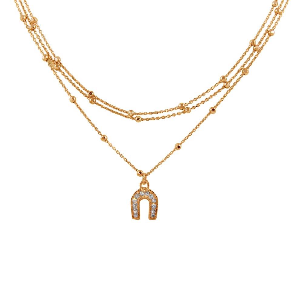 Silver 925 Rose Gold Plated Multi Chain DC Beaded Horse Shoe Charm Choker Necklace - ITN00126RGP | Silver Palace Inc.