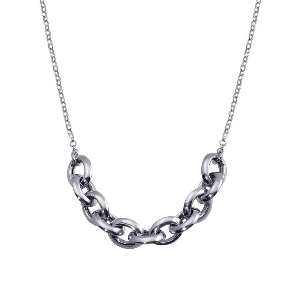 Rhodium Plated 925 Sterling Silver Large Link Center Necklace - ITN00141-RH | Silver Palace Inc.